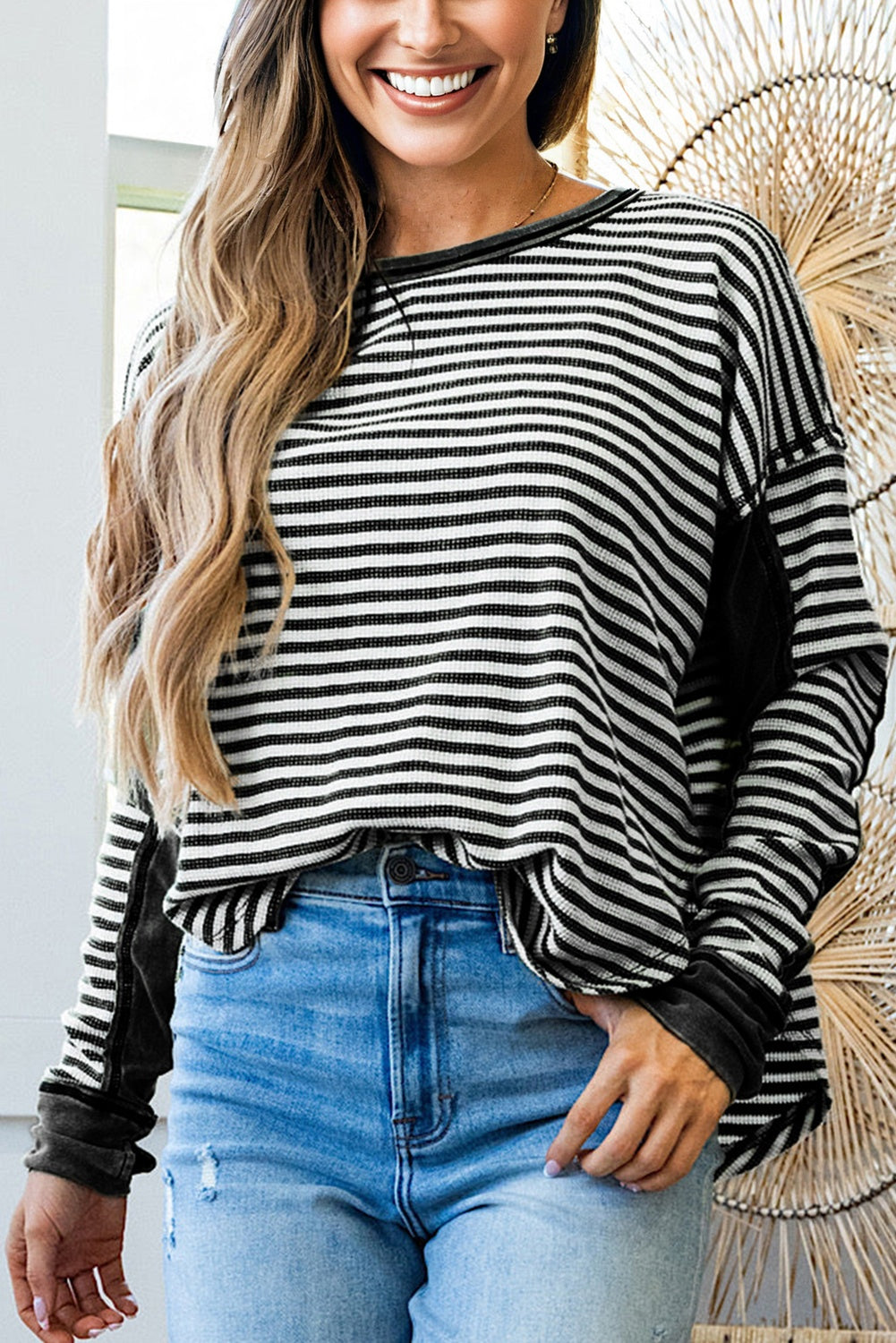 Dearlovers Green Stripe Thermal Knit Drop Shoulder Casual Top