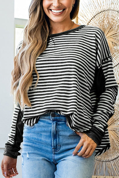 Dearlovers Green Stripe Thermal Knit Drop Shoulder Casual Top
