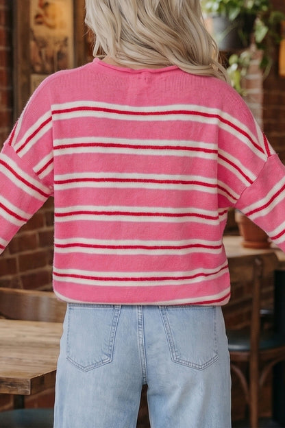 Pink Stripe Striped Drop Shoulder Button Cardigan