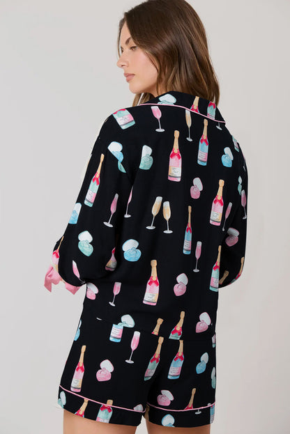 Color black Christmas Wine Glass Print Bow Knot Two Piece Pajama Set