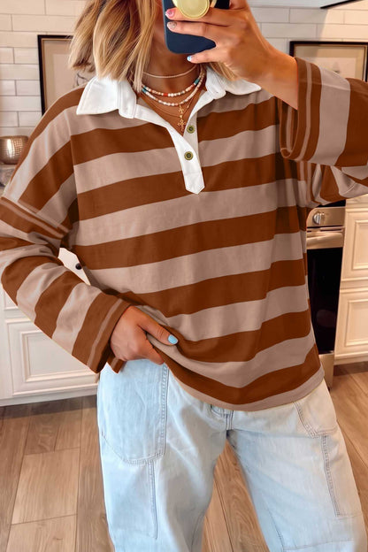 Brown Stripe Contrast Polo Collar Bracelet Sleeve Loose Top