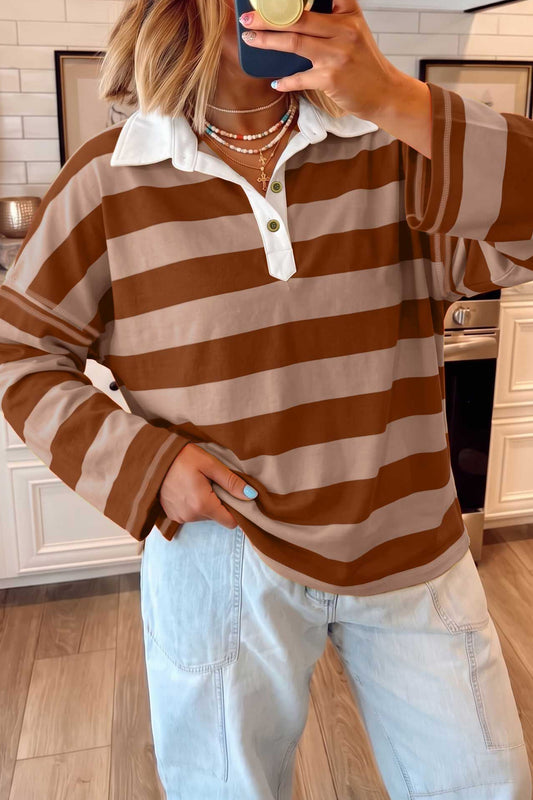 Brown Stripe Contrast Polo Collar Bracelet Sleeve Loose Top