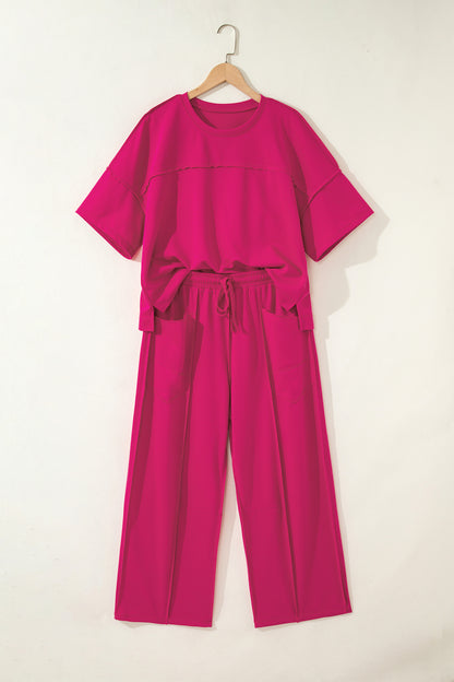 Rose Red Drop Shoulder Boxy Tee and Barrel Pants Set