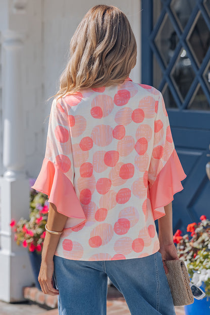 Pink Double Polka Dot Printed Ruffle Trim Short Sleeve Babydoll Shirt