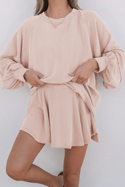 Jet Stream Corded Lantern Sleeve Top High Waist Ruffled Mini Skort Set