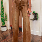 Coffee High Waist Button Fly Seamed Raw Hem Flare Jeans