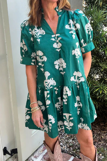 Black Frilled V Neck Puff Short Sleeve Floral Mini Dress