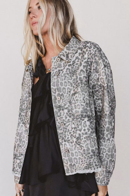 Khaki Leopard Print Studded Collar Studded Patch Pocket Denim Jacket