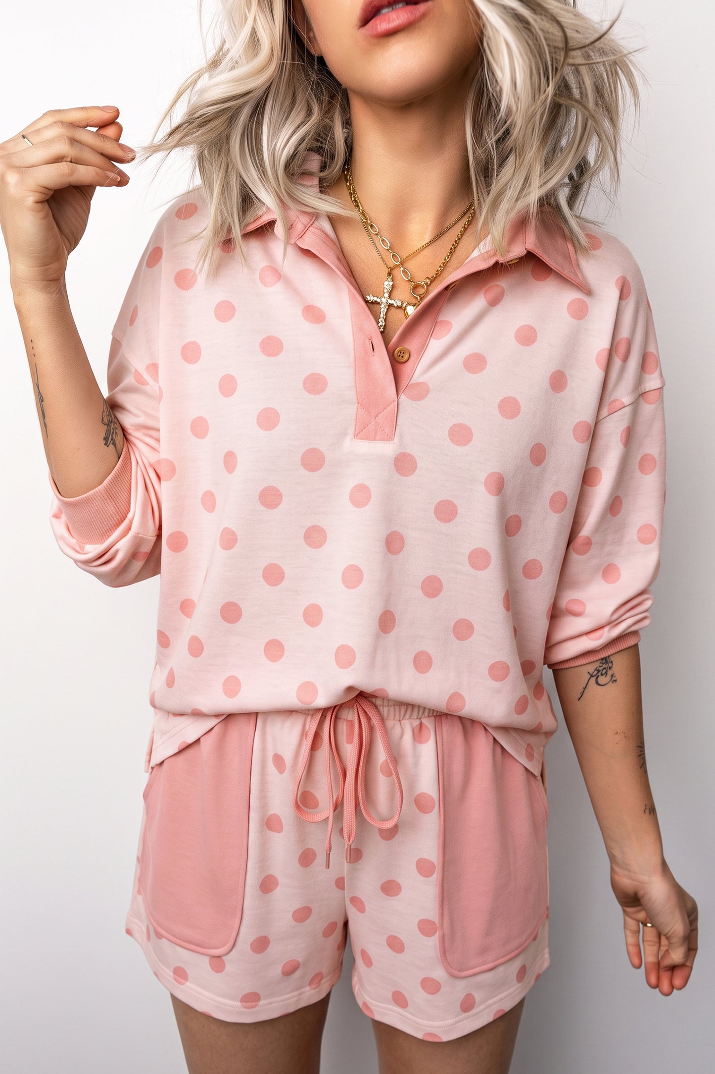 Pink Polka Dot Drop Shoulder Polo Loose Pullover Patch Pocket Casual Shorts Set