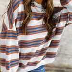 Brown Stripe Crew Neck Drop Shoulder Pullover Sweatshirt