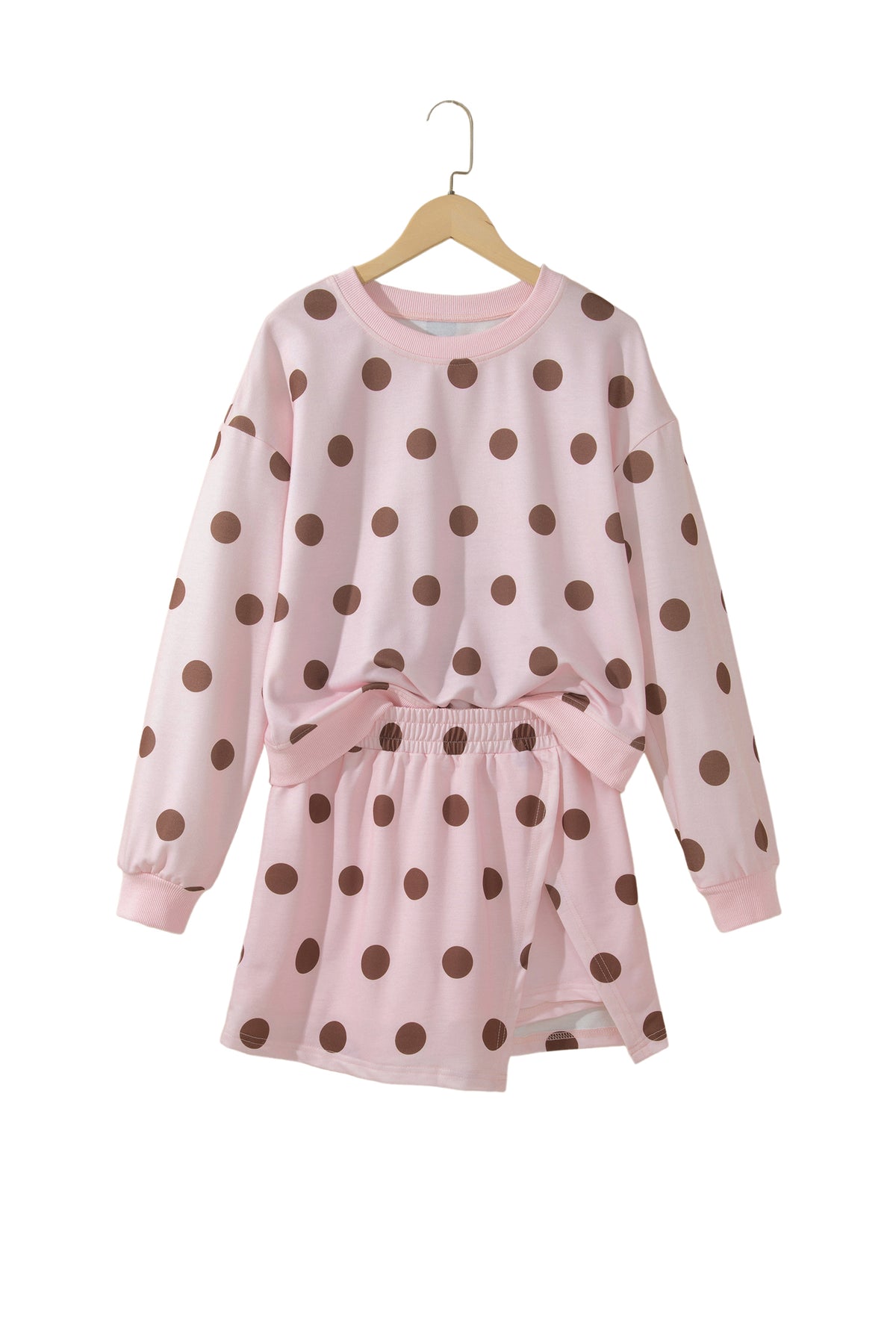 Pink Polka Dot Two Piece Set Long Sleeve Casual Skirt Set