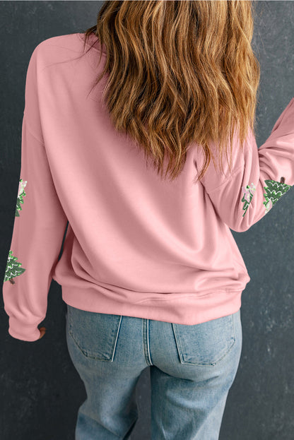 Pink Sequined Xmas Tree Patched Patterned Holiday Pullover Sweatshirt