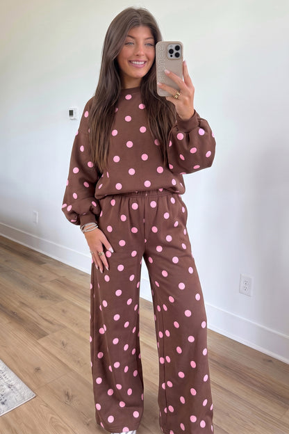 Brown Polka Dot Puff Sleeve Top Casual Pants 2pcs Set