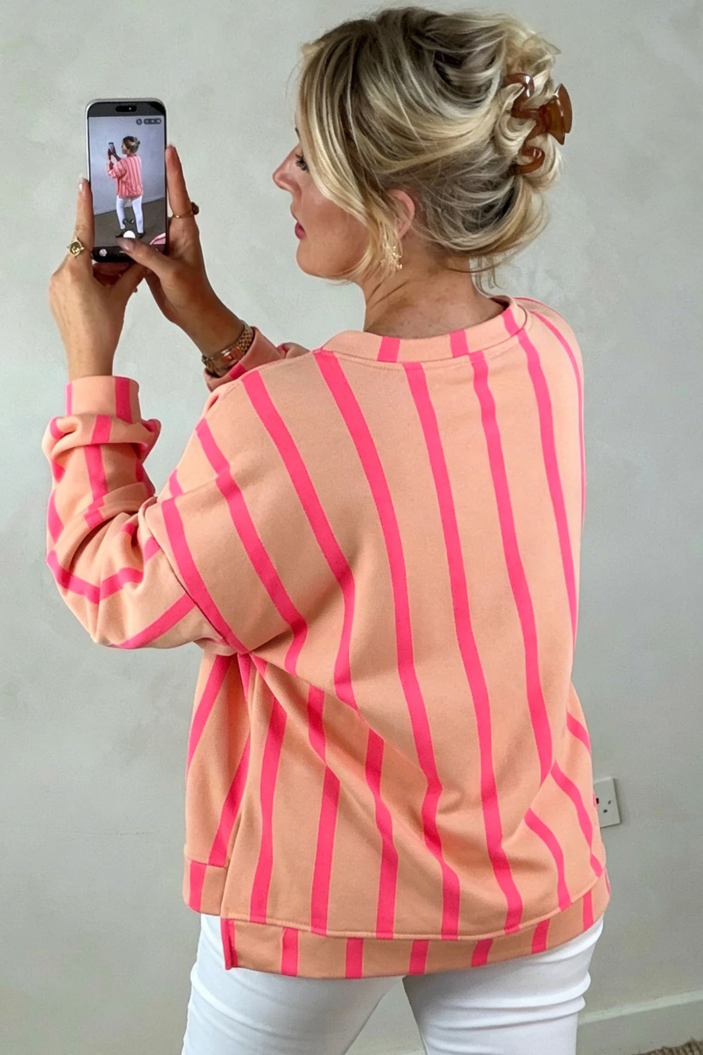Pink Stripe Dropped Shoulder Round Neck Casual Sweatshirt