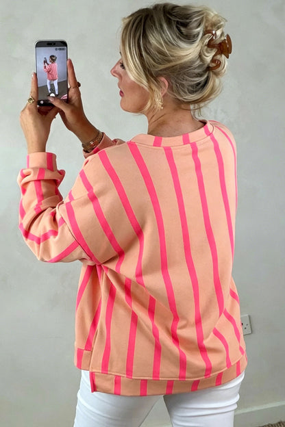Pink Stripe Dropped Shoulder Round Neck Casual Sweatshirt
