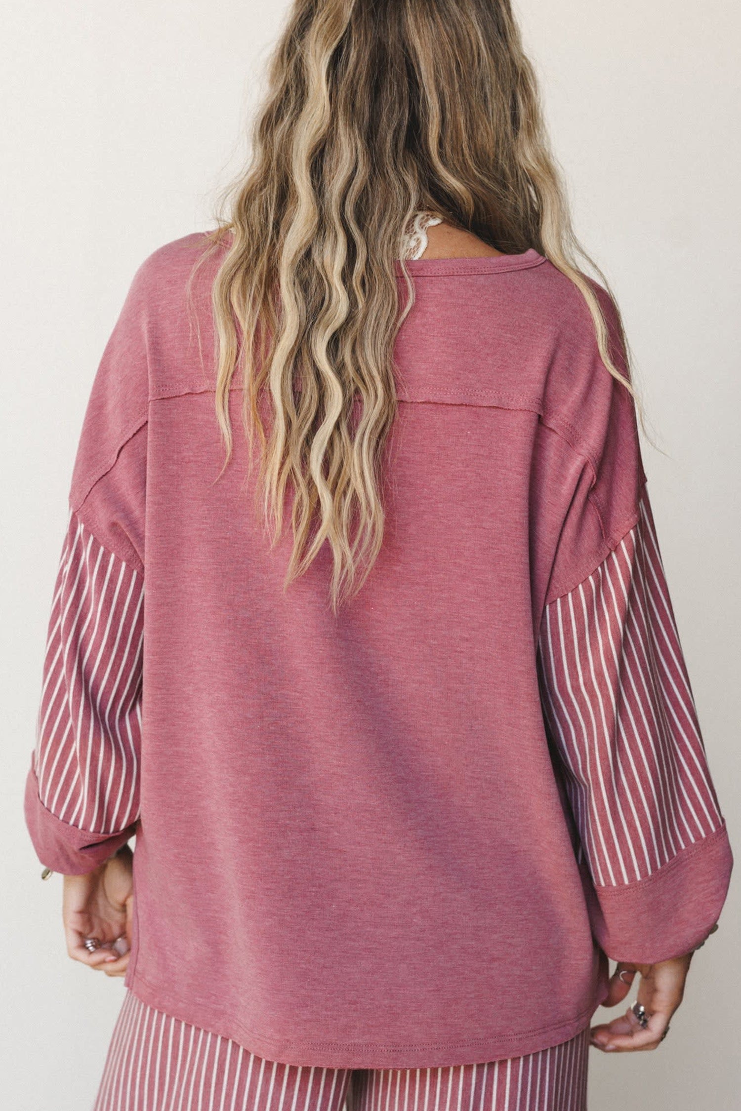 Fushia Raw Seam Patchwork Long Sleeve Top Pocket Casual Pants 2pcs Set