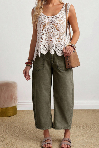 Coffee Solid Color Square Patch Pocket Ankle-length Barrel Jeans