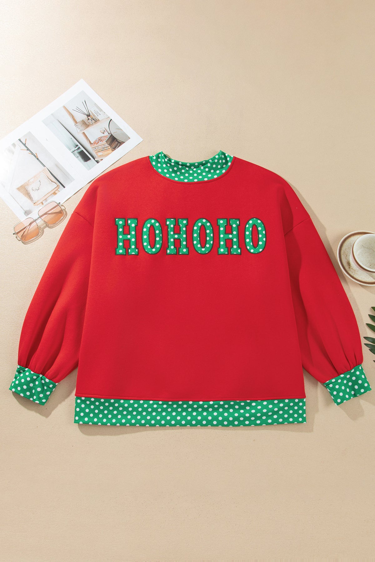 Fiery Red Casual Polka Dot Patchwork Letter Graphic Plus Size Sweatshirt