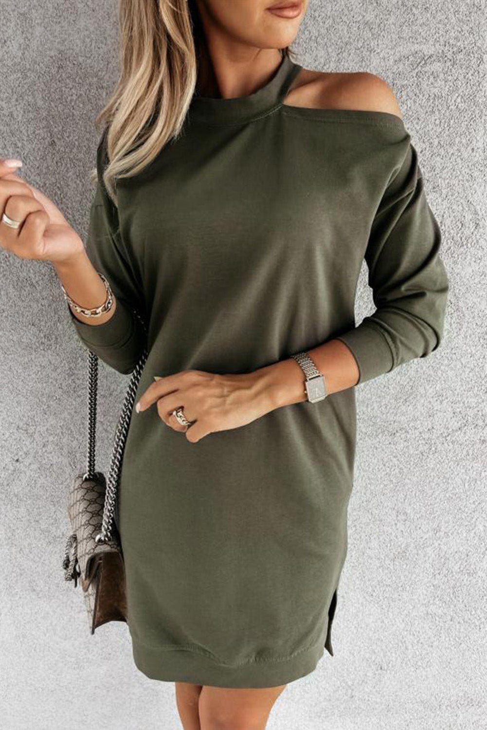 Khaki Single Cold Shoulder T-shirt Dress with Slits