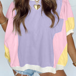 Purple Color Block Patchwork Half Sleeve Oversized T Shirt