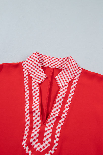 Red V Neck Plaid Collar Short Sleeve Tunic Blouse