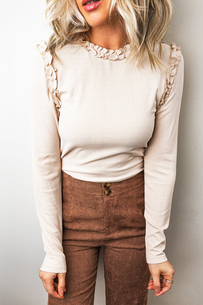 Beige Solid Color Round Neck Frill Detail Long Sleeve Top