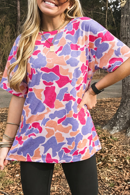 Multicolour Retro Camouflage Print Womens Casual T Shirt