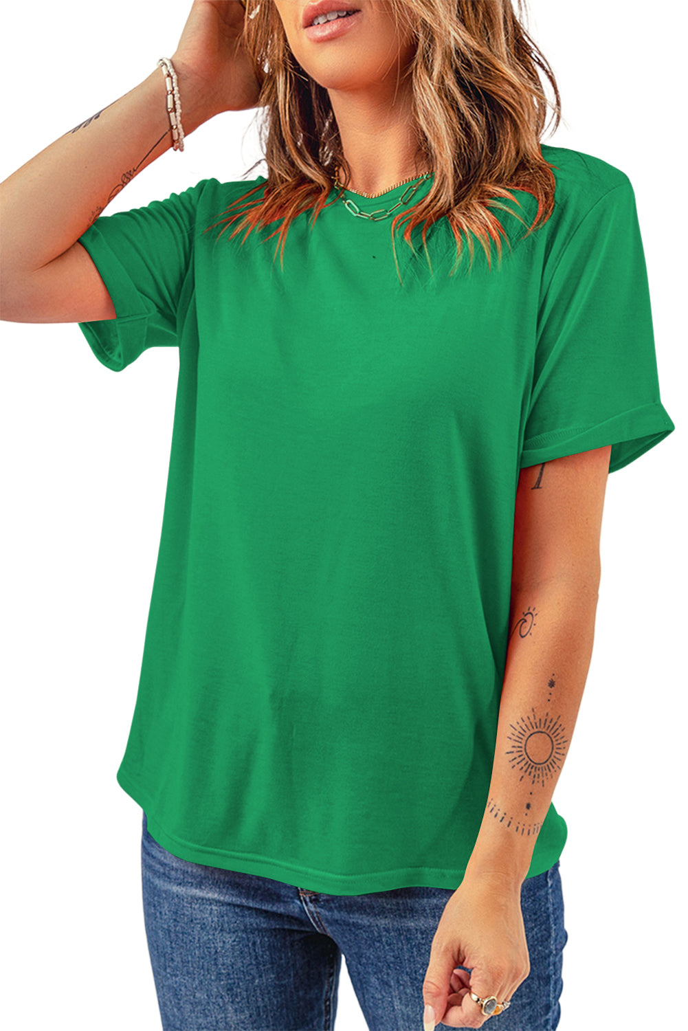T-shirt ras du cou uni décontracté vert vif