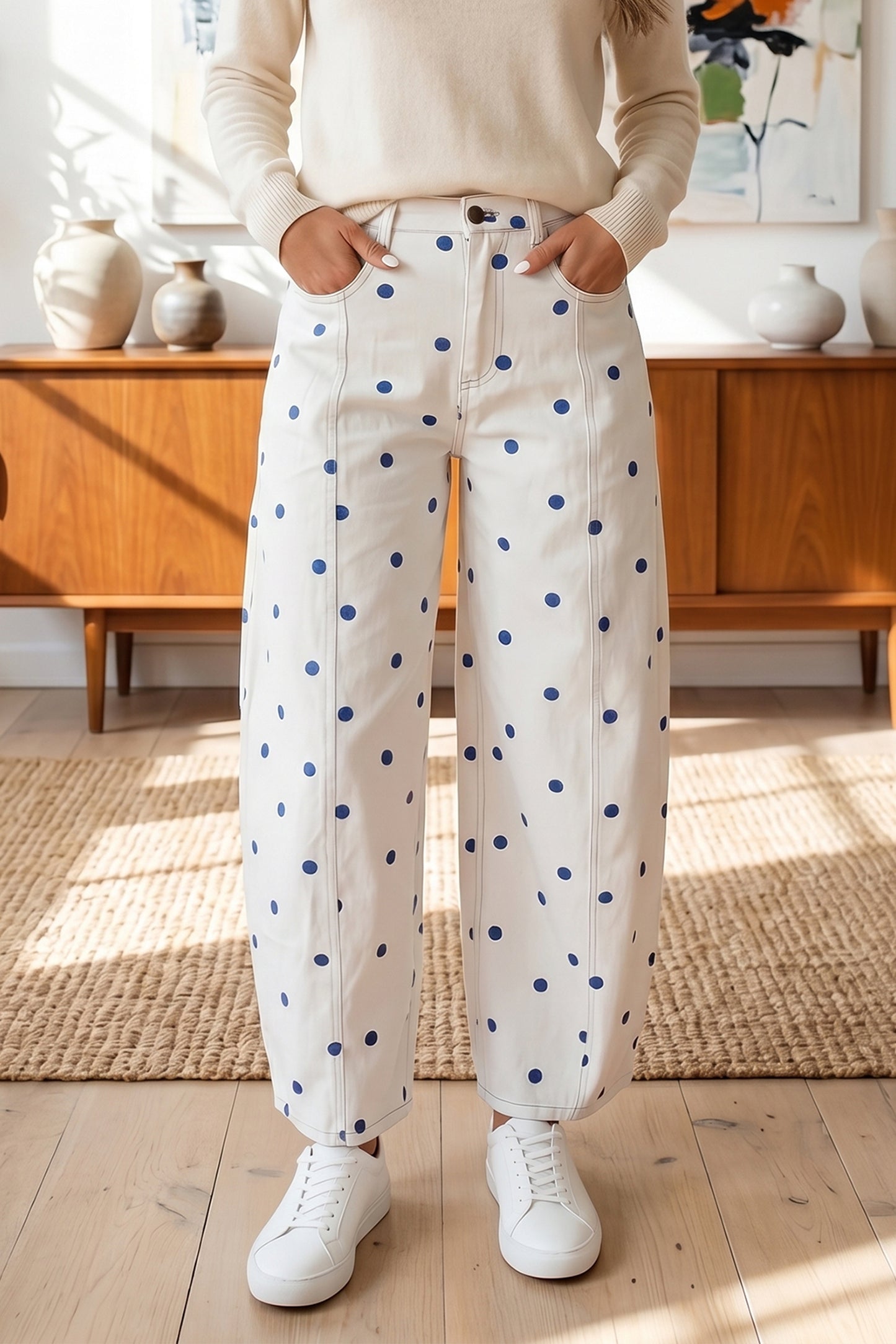 Pink Tailored Seam Polka Dot Print Ankle Length Casual Jeans
