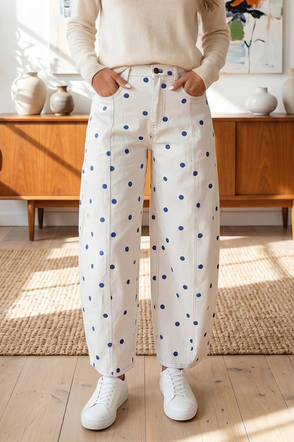 Pink Tailored Seam Polka Dot Print Ankle Length Casual Jeans