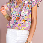 Pink Flutter Sleeve V Neck Floral Top