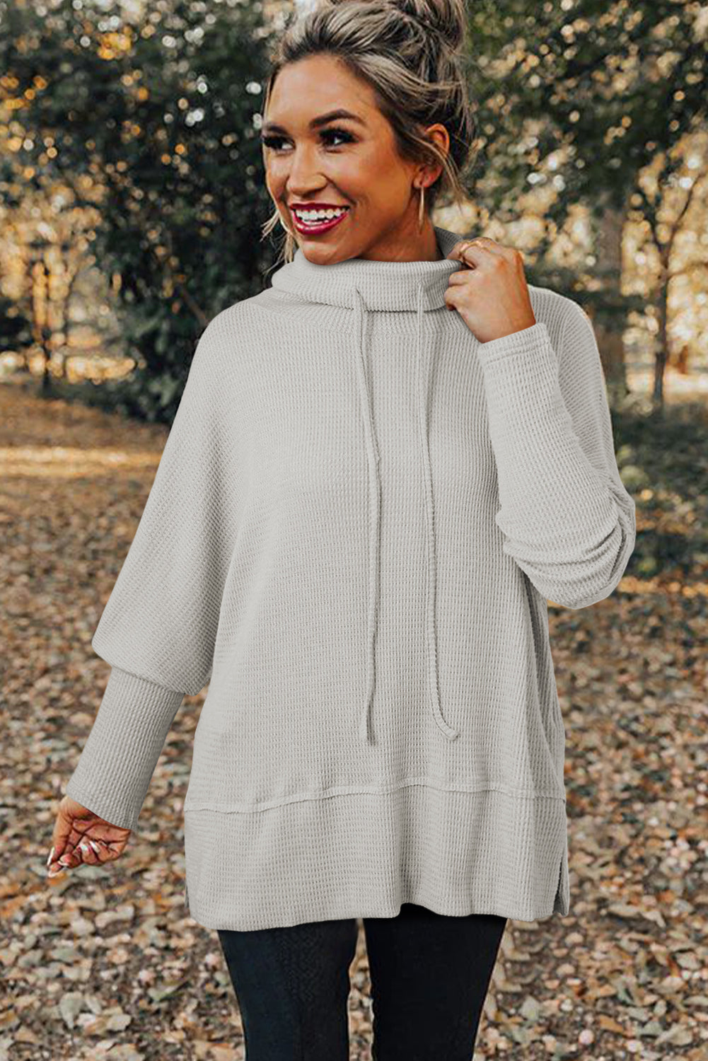 Light Grey Textured Knit Drawstring Cowl Neck Oversize Top with Side Slits