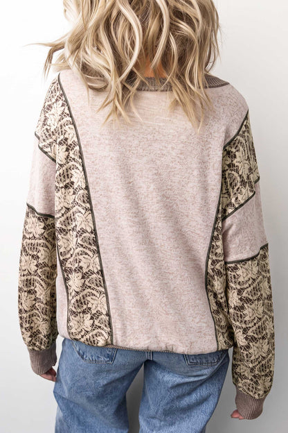 Khaki Floral Print Round Neck Long Sleeve Shift Top