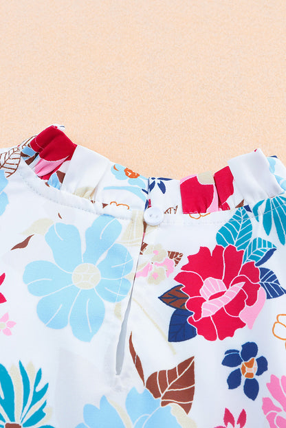 Robe fleurie à volants, col montant, sans manches, à volants et à volants