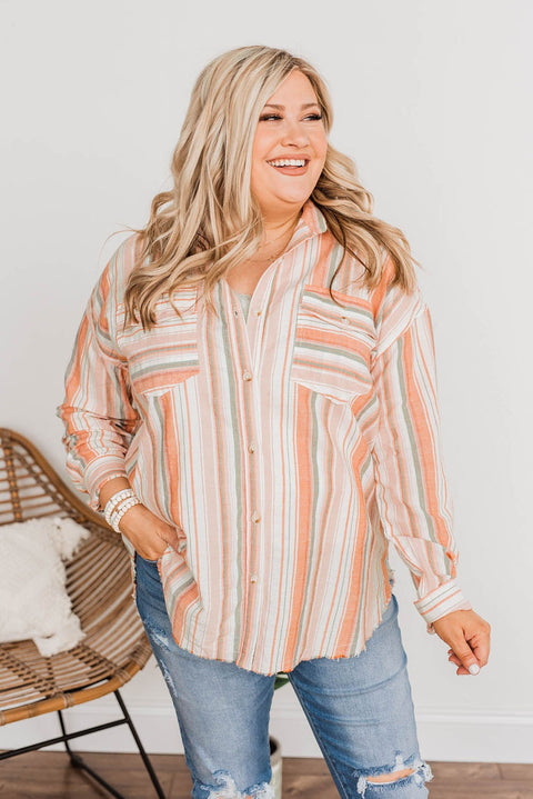 Plus Size Striped Shirt with Chest Pockets
