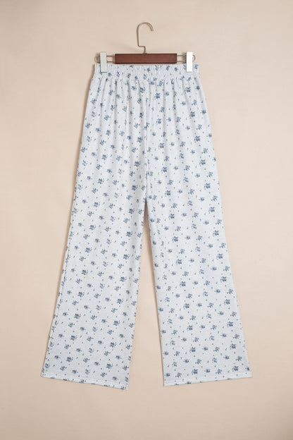 Gray Floral Print Elastic Waist Full Length Regular Pants