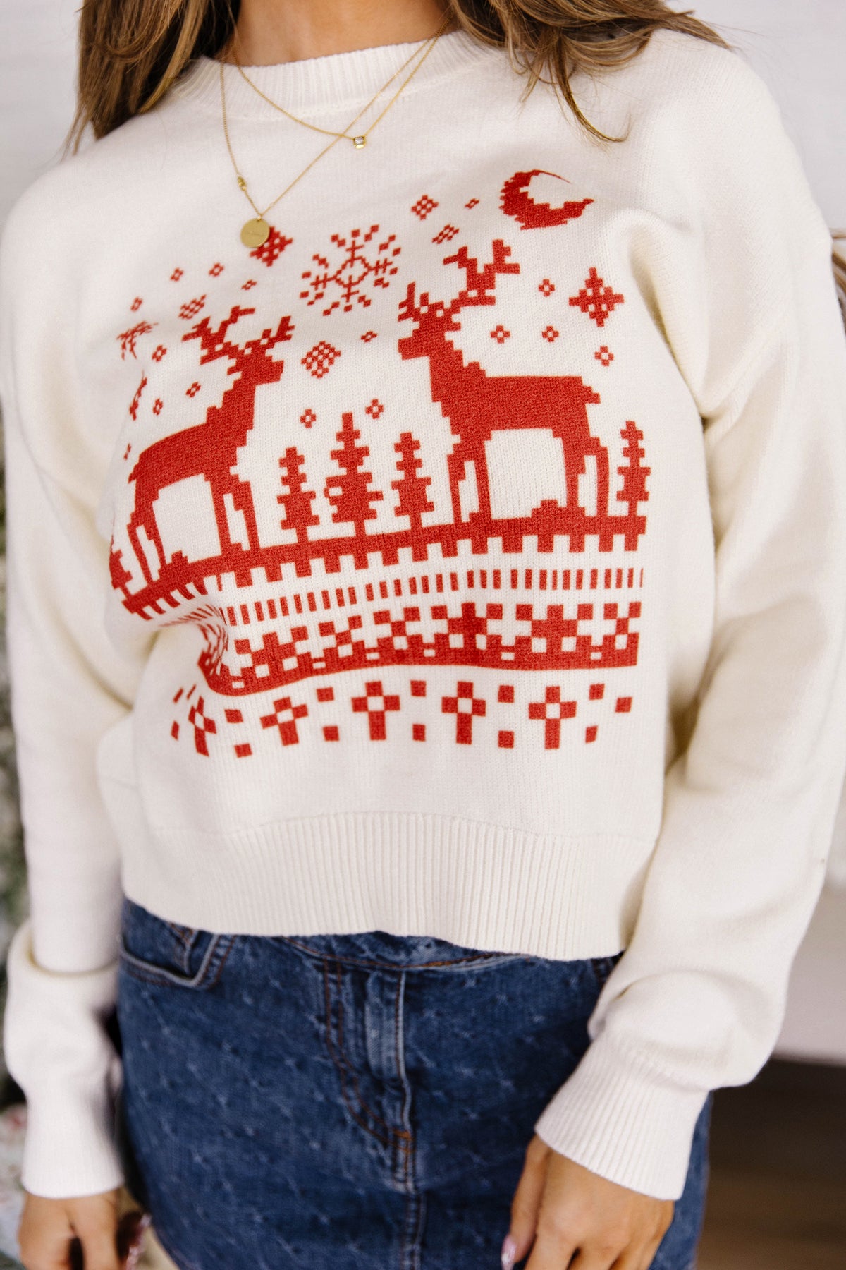 Beige Pixel Snowflake Reindeer Christmas Round Neck Casual Sweater