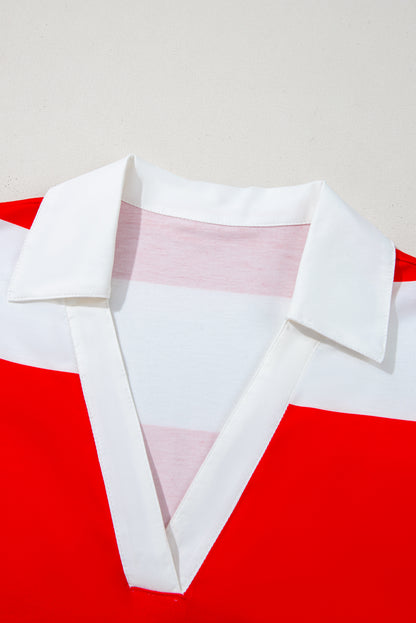 Red Stripe Collar V Neck Cuffed Dolman Short Sleeve Top