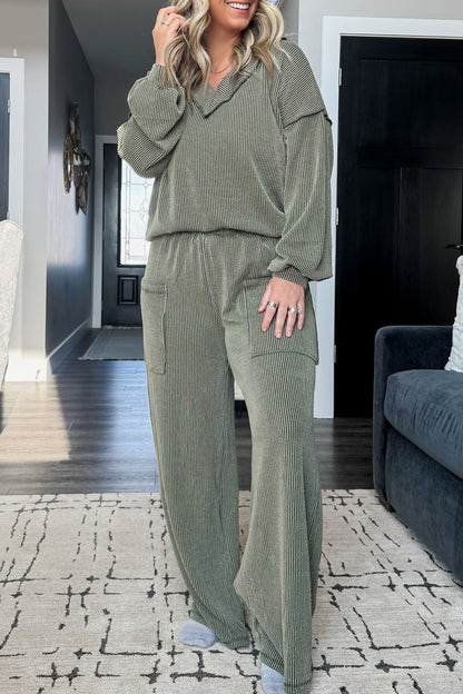 Four Leaf Clover Twisted Ribbed Exposed Seam Detail V Neck Pullover Plus Size Pant Set