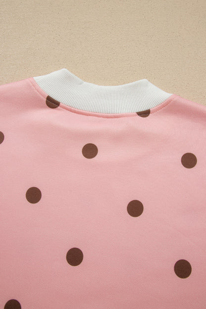 Pink Polka Dot Ribbed Trim Long Sleeve Top Casual Short Set