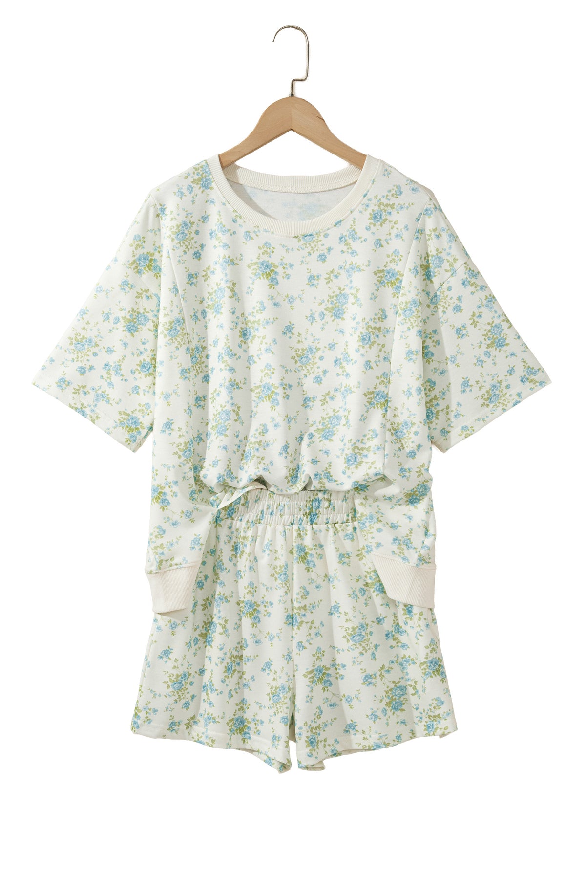 Pink Floral Print Short Sleeve Elastic Waist Pocket Two Piece Set