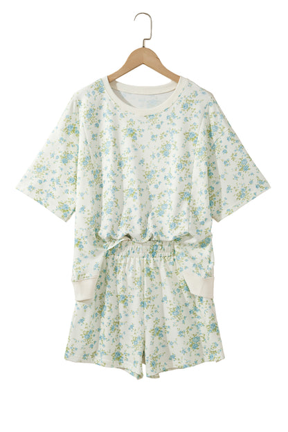 Pink Floral Print Short Sleeve Elastic Waist Pocket Two Piece Set