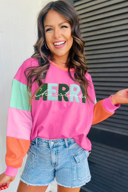 Haut à manches longues en chenille rouge rose avec patchs MERRY Christmas