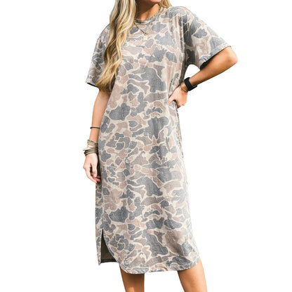 Multicolour Camouflage Print Short Sleeve Drop Shoulder Side Slit Casual Dress