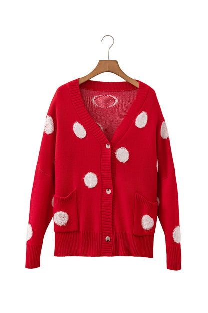 Red Polka Dot Button Front Oversized V Neck Cardigan