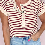 Red Stripe Half Buttons Round Neck T Shirt