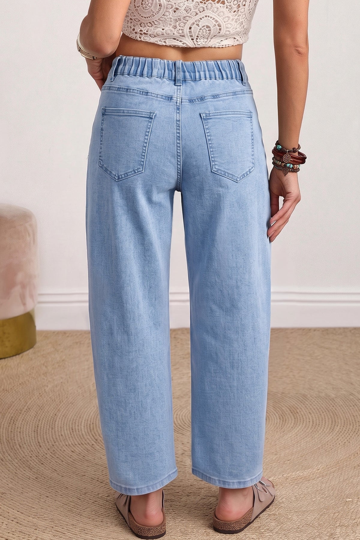 Coffee Solid Color Square Patch Pocket Ankle-length Barrel Jeans