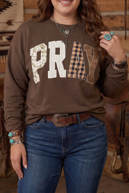 Coffee PRAY Letter Patchwork Round Neck Long Sleeve Plus Size Sweatshirt