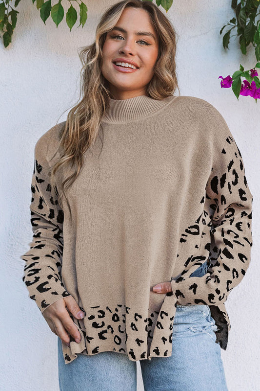 Suéter caqui con cuello alto y patchwork de leopardo de talla grande 