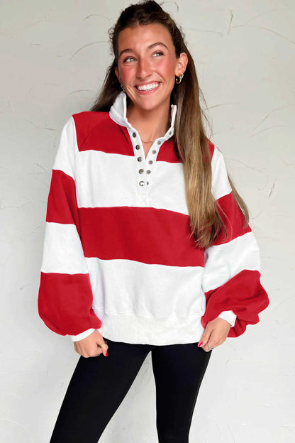 Fiery Red Striped Color Block Button V Neck Puff Sleeve Casual Sweatshirt